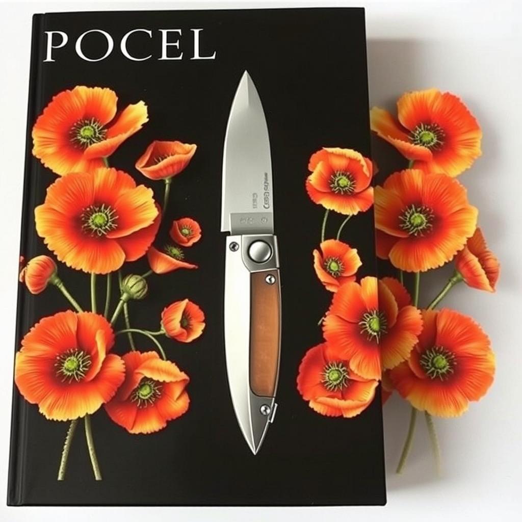 A visually striking book cover featuring a single pocket knife at the center, encircled by numerous blooming poppy flowers