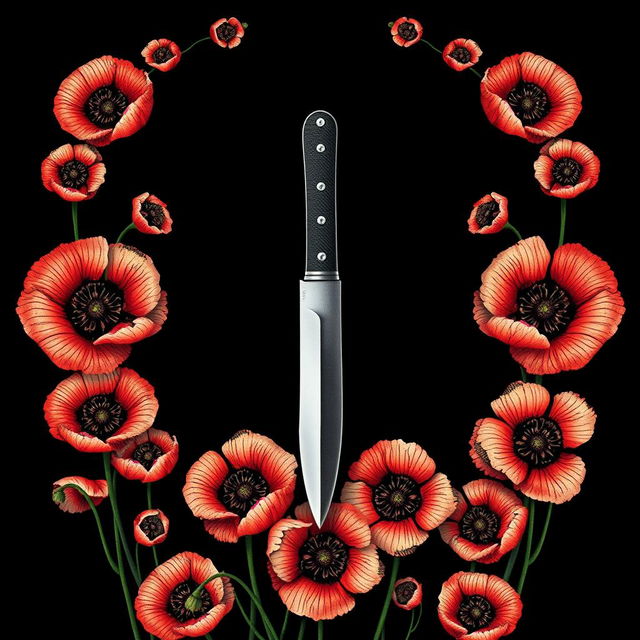 A visually striking book cover featuring a single pocket knife at the center, encircled by numerous blooming poppy flowers