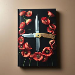 A visually striking book cover featuring a single pocket knife at the center, encircled by numerous blooming poppy flowers