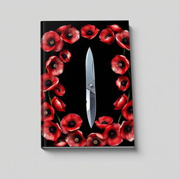 A visually striking book cover featuring a single pocket knife at the center, encircled by numerous blooming poppy flowers