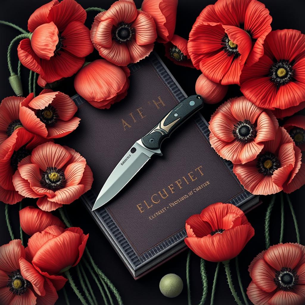 A realistic depiction of a pocket knife centered on a book cover, surrounded by numerous poppy flowers in full bloom