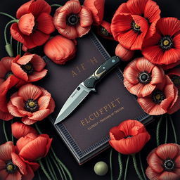 A realistic depiction of a pocket knife centered on a book cover, surrounded by numerous poppy flowers in full bloom