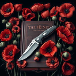 A realistic depiction of a pocket knife centered on a book cover, surrounded by numerous poppy flowers in full bloom