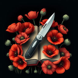 A realistic depiction of a pocket knife centered on a book cover, surrounded by numerous poppy flowers in full bloom