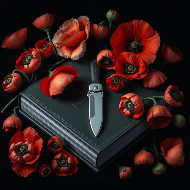 A realistic depiction of a pocket knife centered on a book cover, surrounded by numerous poppy flowers in full bloom