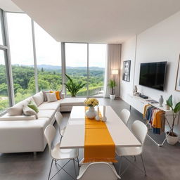 A modern living room with a minimalist design, featuring a white L-shaped couch facing a large, wall-mounted flat screen TV