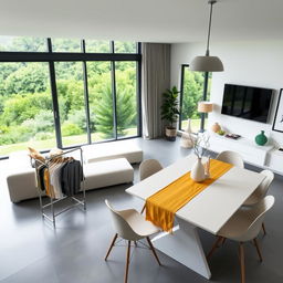 A modern living room with a minimalist design, featuring a white L-shaped couch facing a large, wall-mounted flat screen TV