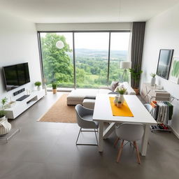 A modern living room with a minimalist design, featuring a white L-shaped couch facing a large, wall-mounted flat screen TV