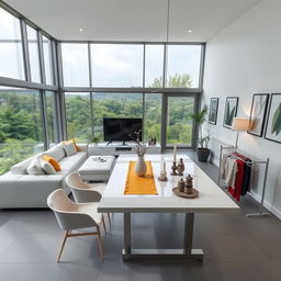 A modern living room with a minimalist design, featuring a white L-shaped couch facing a large, wall-mounted flat screen TV