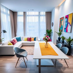 A modern living room featuring a minimalist white L-shaped couch enhanced with colorful, plush pillows