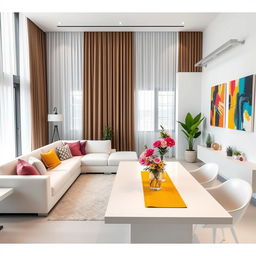 A modern living room featuring a minimalist white L-shaped couch enhanced with colorful, plush pillows