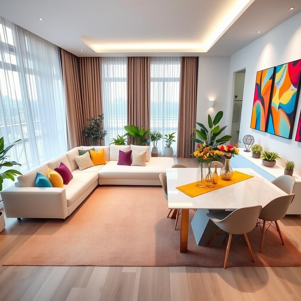 A modern living room featuring a minimalist white L-shaped couch enhanced with colorful, plush pillows