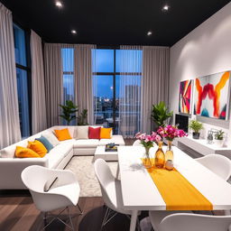 A modern living room featuring a minimalist white L-shaped couch enhanced with colorful, plush pillows