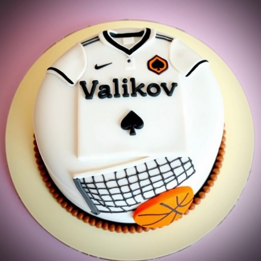 A round cake with a playful and cartoonish design, featuring a white football shirt prominently on top