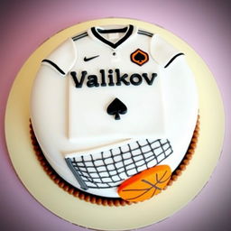 A round cake with a playful and cartoonish design, featuring a white football shirt prominently on top