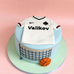 A round cake with a playful and cartoonish design, featuring a white football shirt prominently on top