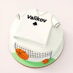 A round cake with a playful and cartoonish design, featuring a white football shirt prominently on top