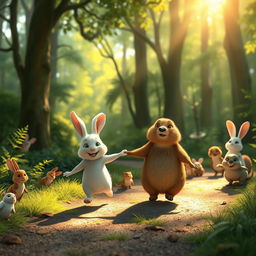 In the morning on a forest path, a small white rabbit is holding hands with a brown marmot, happily walking together