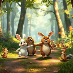 In the morning on a forest path, a small white rabbit is holding hands with a brown marmot, happily walking together