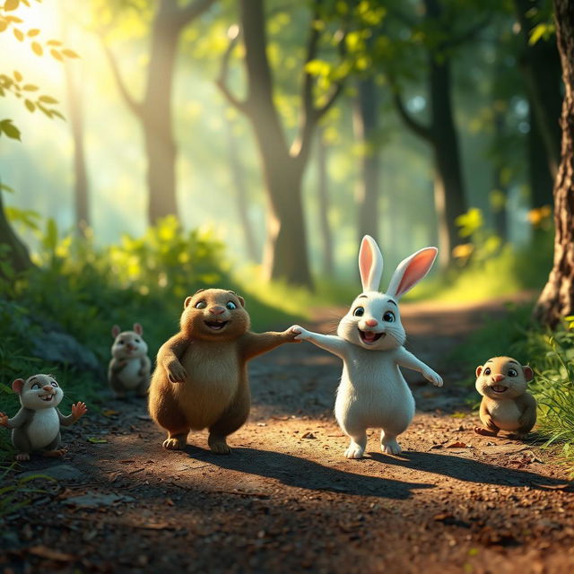 In the morning on a forest path, a small white rabbit is holding hands with a brown marmot, happily walking together