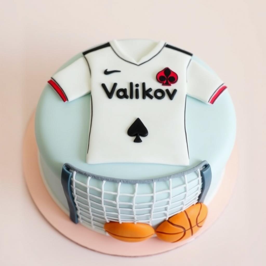 A round cake with a detailed design on top featuring a white football shirt with the name 'Valikov' in the center and a card spade beneath it