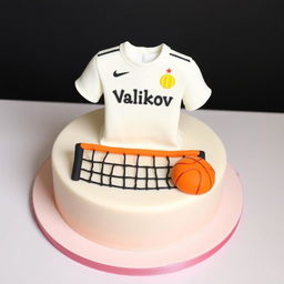 A round cake with a detailed design on top featuring a white football shirt with the name 'Valikov' in the center and a card spade beneath it