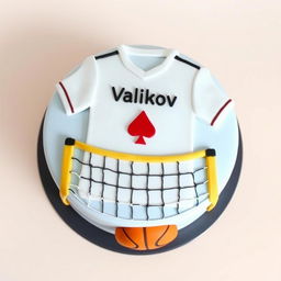 A round cake with a detailed design on top featuring a white football shirt with the name 'Valikov' in the center and a card spade beneath it