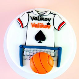 A round cake with a detailed design on top featuring a white football shirt with the name 'Valikov' in the center and a card spade beneath it