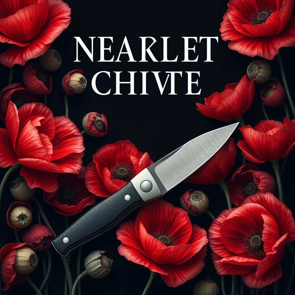 A realistic book cover design featuring a single pocket knife, surrounded by a plethora of poppy flowers in bloom