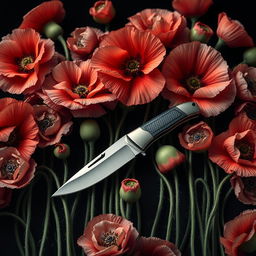 A realistic book cover design featuring a single pocket knife, surrounded by a plethora of poppy flowers in bloom