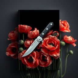 A realistic book cover design featuring a single pocket knife, surrounded by a plethora of poppy flowers in bloom