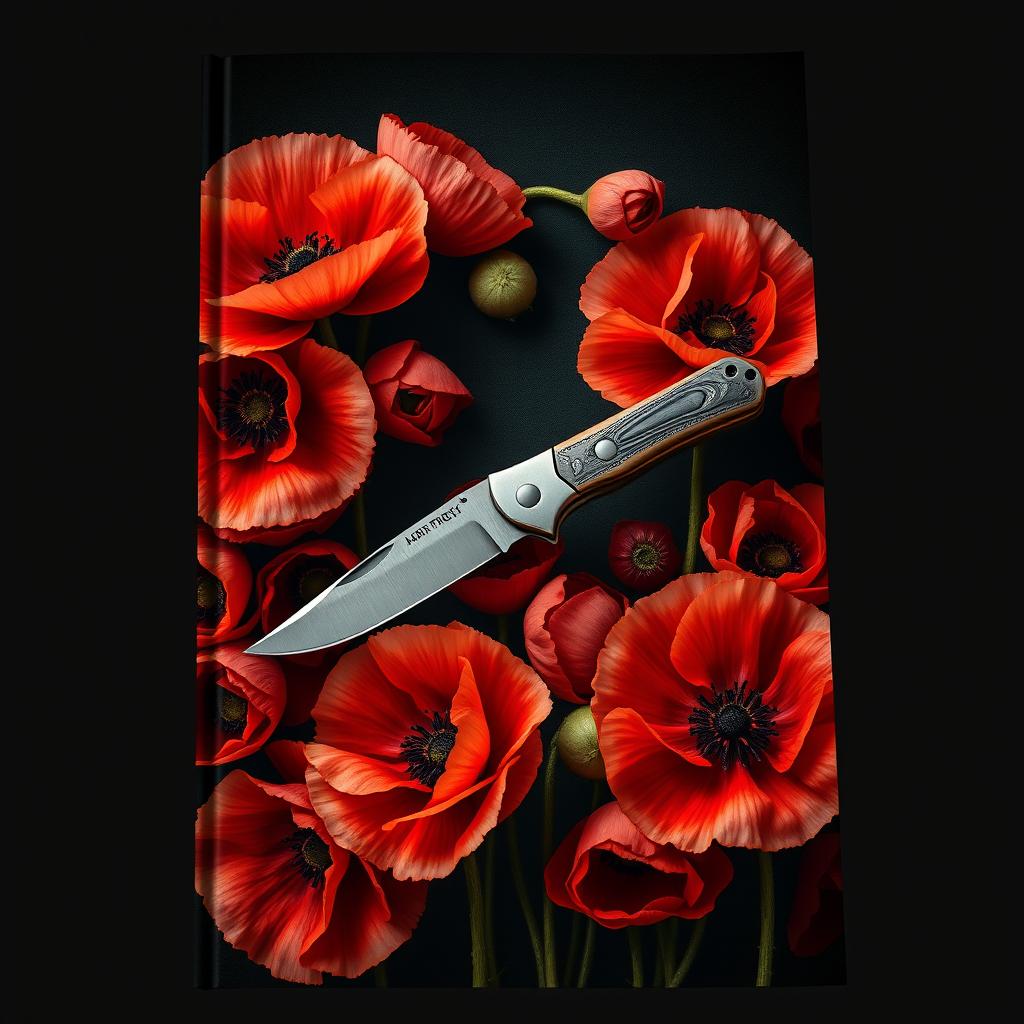 A realistic book cover design featuring a single pocket knife, surrounded by a plethora of poppy flowers in bloom