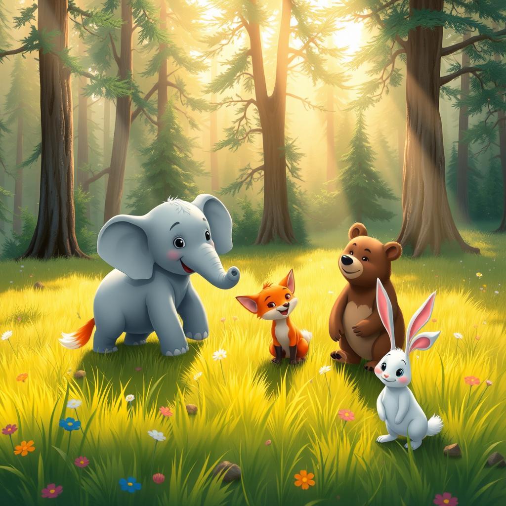 In the morning on a forest meadow, a grey baby elephant, a little fox, and a brown bear cub play together joyfully