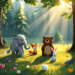 In the morning on a forest meadow, a grey baby elephant, a little fox, and a brown bear cub play together joyfully