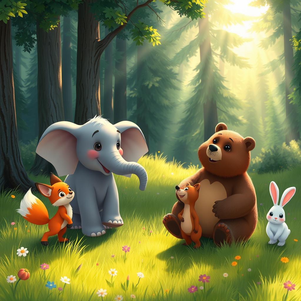 In the morning on a forest meadow, a grey baby elephant, a little fox, and a brown bear cub play together joyfully