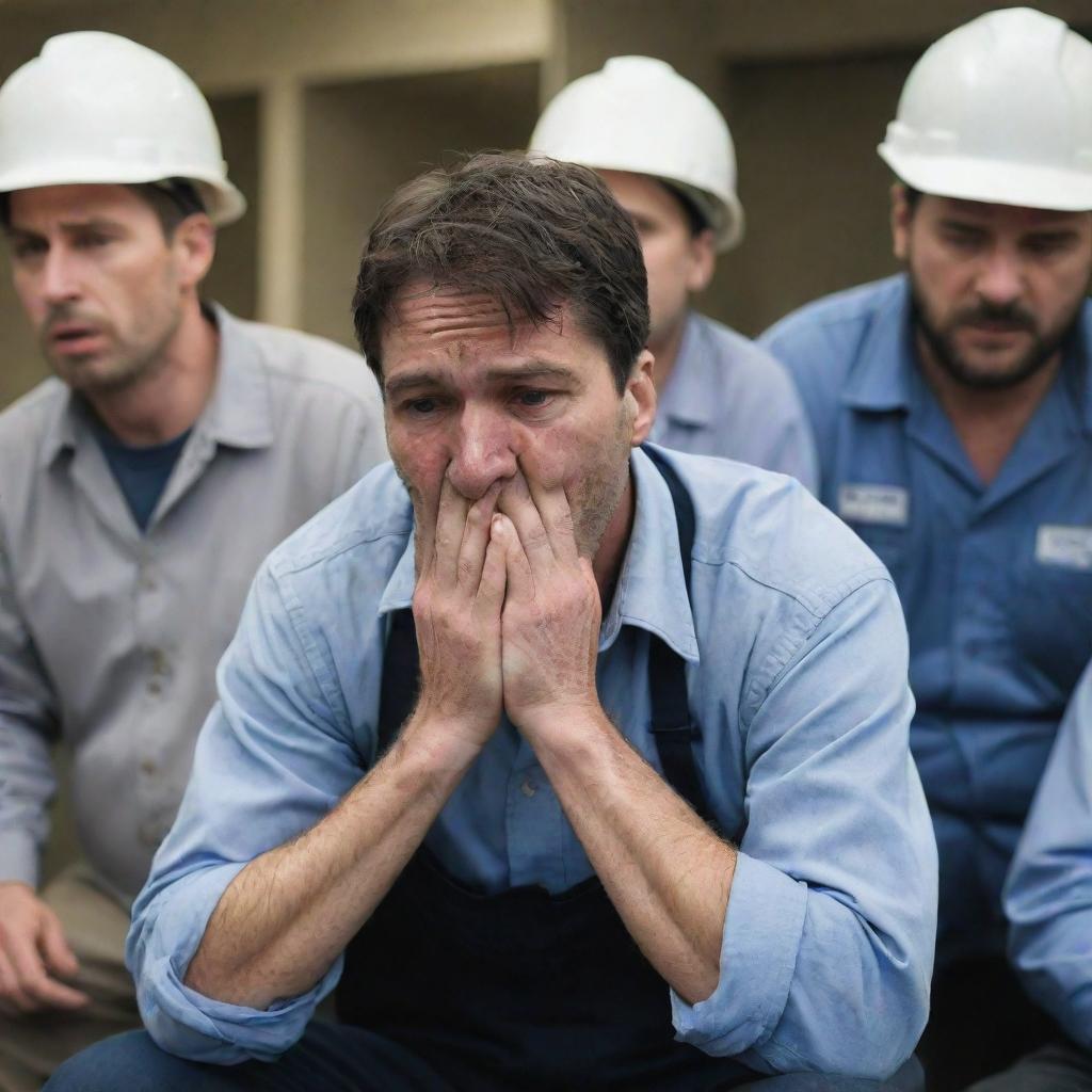 An emotionally gripping scene depicting laid-off workers with expressions of anguish and desperation.