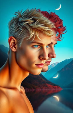 A stunning double exposure composition, featuring the side profile portrait of a young tan platinum blond man with piercing cerulean eyes, facing a tan man with vivid auburn red hair and vibrant green eyes