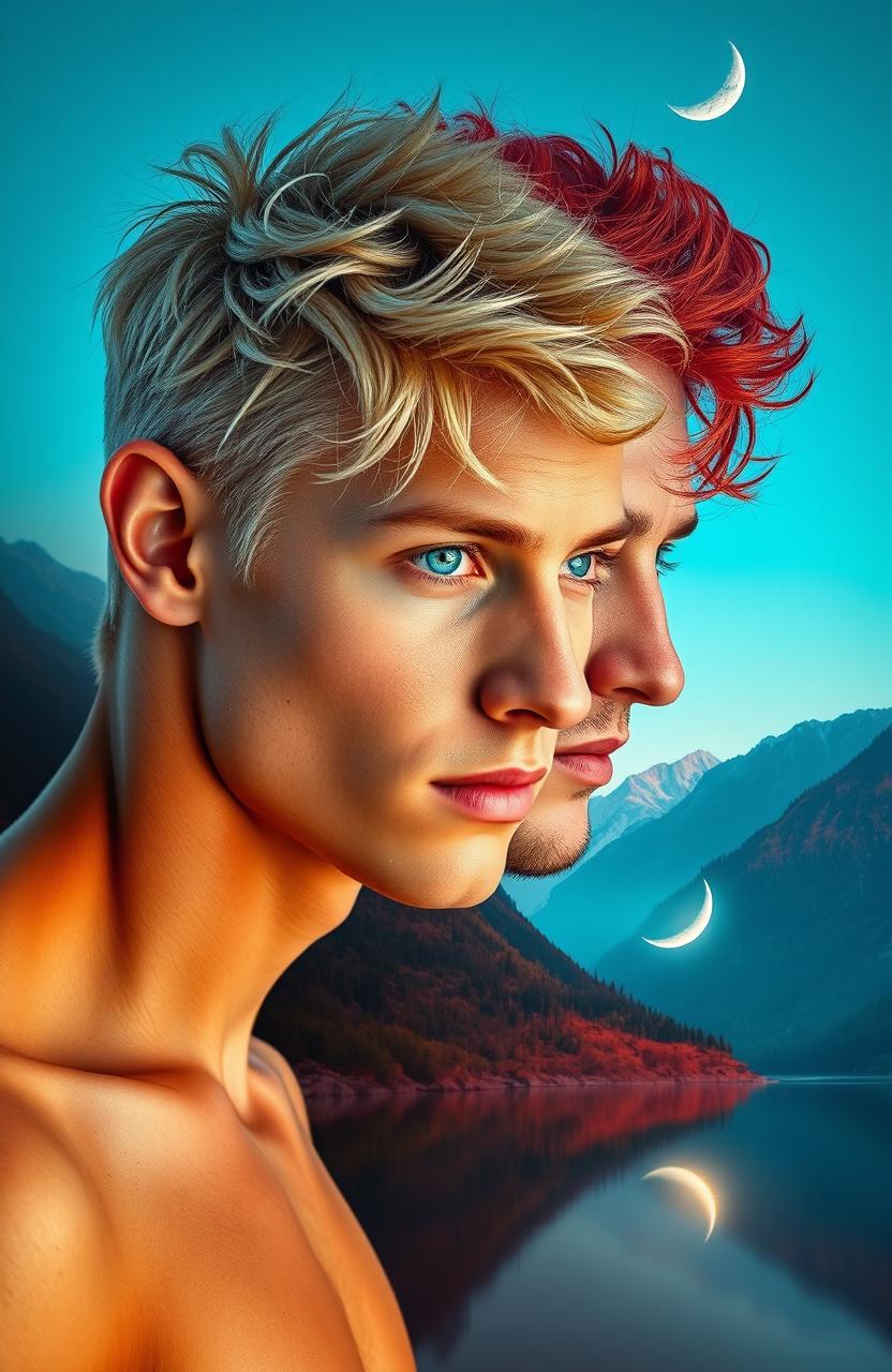A stunning double exposure composition, featuring the side profile portrait of a young tan platinum blond man with piercing cerulean eyes, facing a tan man with vivid auburn red hair and vibrant green eyes