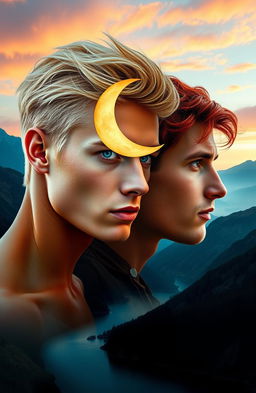 A stunning double exposure composition, featuring the side profile portrait of a young tan platinum blond man with piercing cerulean eyes, facing a tan man with vivid auburn red hair and vibrant green eyes
