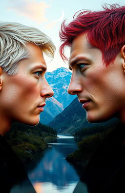 A stunning double exposure composition, featuring the side profile portrait of a young tan platinum blond man with piercing cerulean eyes, facing a tan man with vivid auburn red hair and vibrant green eyes