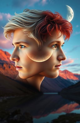 A stunning double exposure composition, featuring the side profile portrait of a young tan platinum blond man with piercing cerulean eyes, facing a tan man with vivid auburn red hair and vibrant green eyes