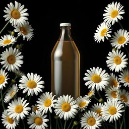 A realistic book cover design featuring a simple liter bottle at the center, encircled by numerous daisy flowers