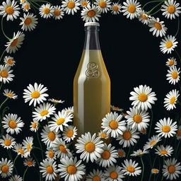 A realistic book cover design featuring a simple liter bottle at the center, encircled by numerous daisy flowers