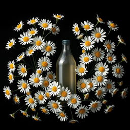 A realistic book cover design featuring a simple liter bottle at the center, encircled by numerous daisy flowers