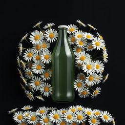 A realistic book cover design featuring a simple liter bottle at the center, encircled by numerous daisy flowers