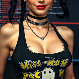 An extreme close-up on the chest and torso shot of a gorgeous female with pale skin and black pigtails