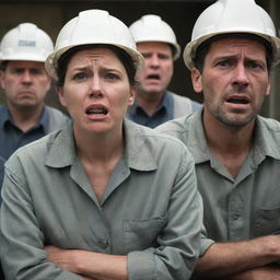 An emotionally gripping scene depicting laid-off workers with expressions of anguish and desperation.