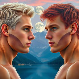 A captivating double exposure image depicting the side profile portrait of a young tan platinum blond man with striking cerulean eyes, facing a tan man with rich auburn red hair and lively green eyes
