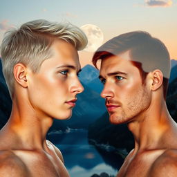 A captivating double exposure image depicting the side profile portrait of a young tan platinum blond man with striking cerulean eyes, facing a tan man with rich auburn red hair and lively green eyes