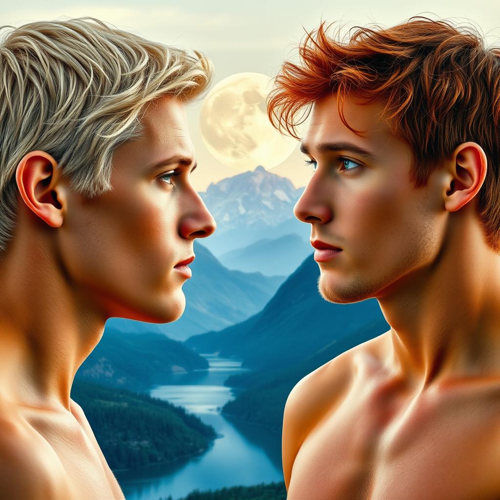 A captivating double exposure image depicting the side profile portrait of a young tan platinum blond man with striking cerulean eyes, facing a tan man with rich auburn red hair and lively green eyes
